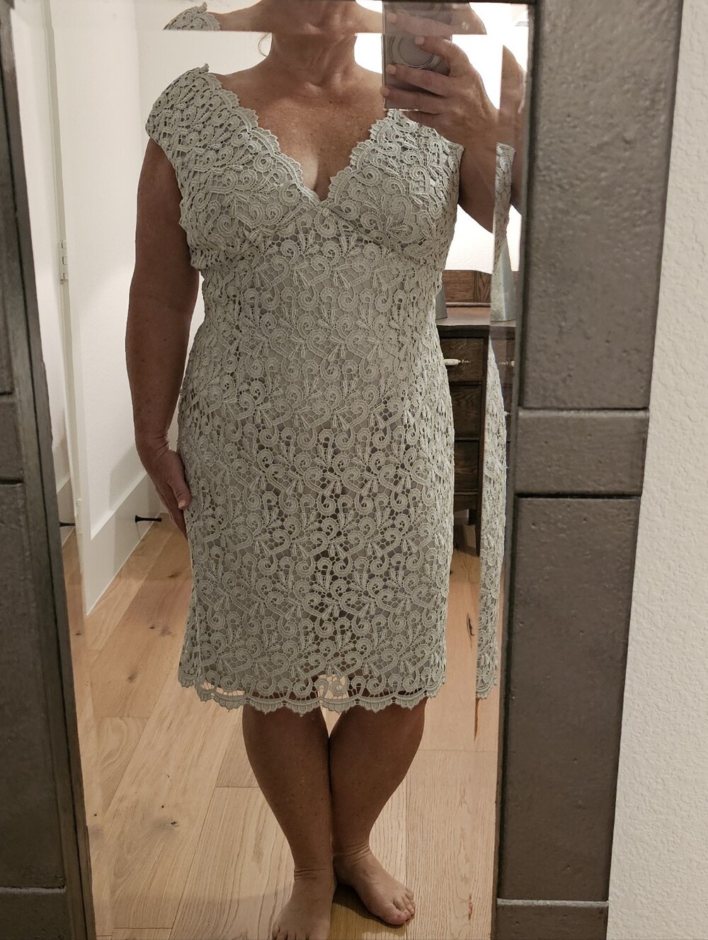 MARINA Lace V-Neck Sheath Dress in Silver